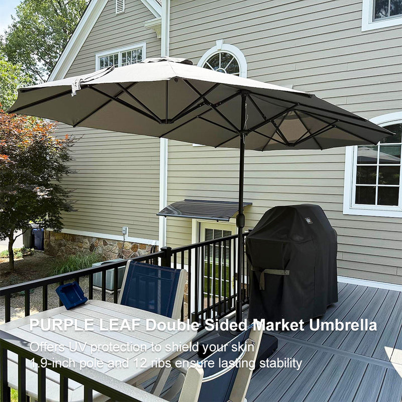 PURPLE LEAF 13'X7' Double Sided Rectangular Patio Table Market Beige Umbrella with Free Base .
Offers UV protection to shield your skin.
9inch pole and 12 ribs enstre lasing stability.