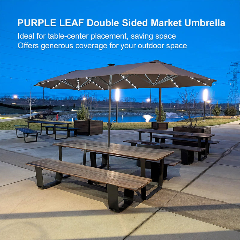 PURPLE LEAF 15'X9' double-sided large patio market taupe umbrella with light and free base  is Ideal for table-center placement, saving space.Offers generous coverage for your outdoor space