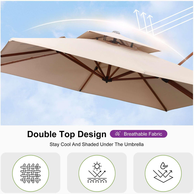 PURPLE LEAF Outdoor Garden Umbrella with Base, Cantilever Umbrellas in Wood Color