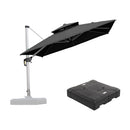 Black 9x9ft PURPLE LEAF patio cantilever umbrella with base for garden and pool use.