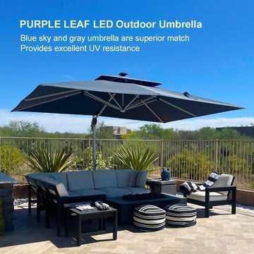 blue patio umbrella with lights Navy Color Solar 98.4 In. L X 98.4 In. W X 96.5 In. H Size, Modern & Contemporary Style Rotational Tilt Uv Resistant Patio offset umbrella is more versatile than a regular market umbrella MAISON ARTS 13ft Double -Sided