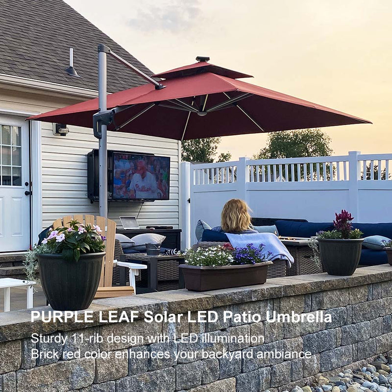 PURPLE LEAF Double Top 9 / 10 / 11 / 12 ft Square Outdoor Umbrellas with Lights