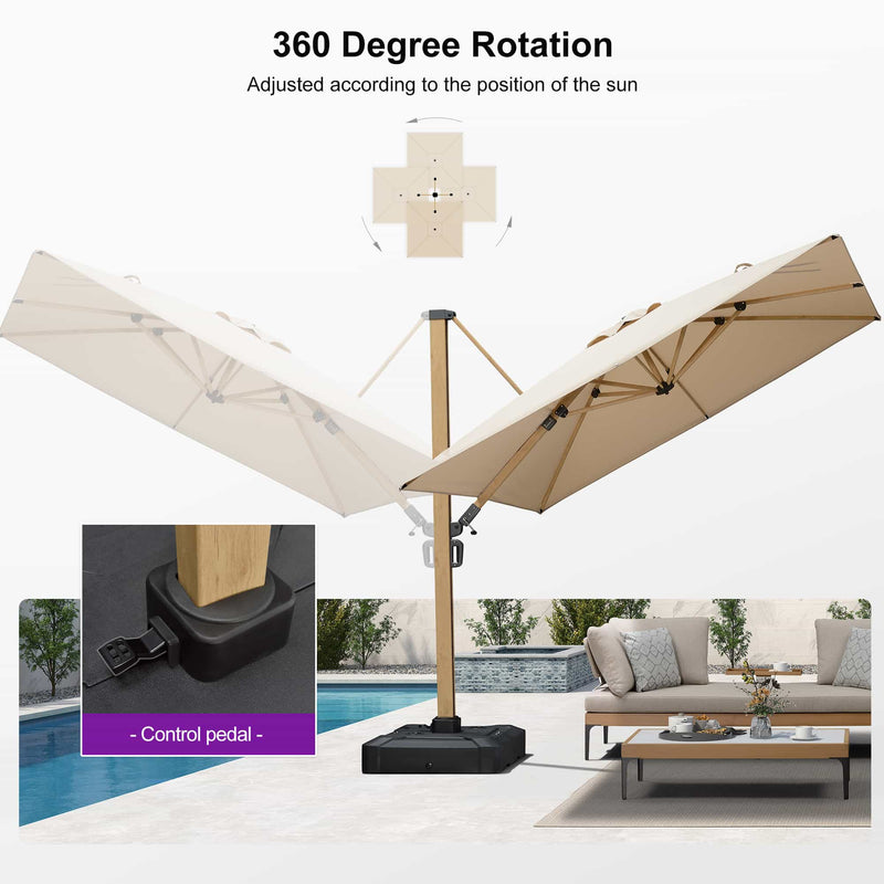 PURPLE LEAF Wood Grain Patio Umbrella with Base, Large Cantilever Umbrella for Garden