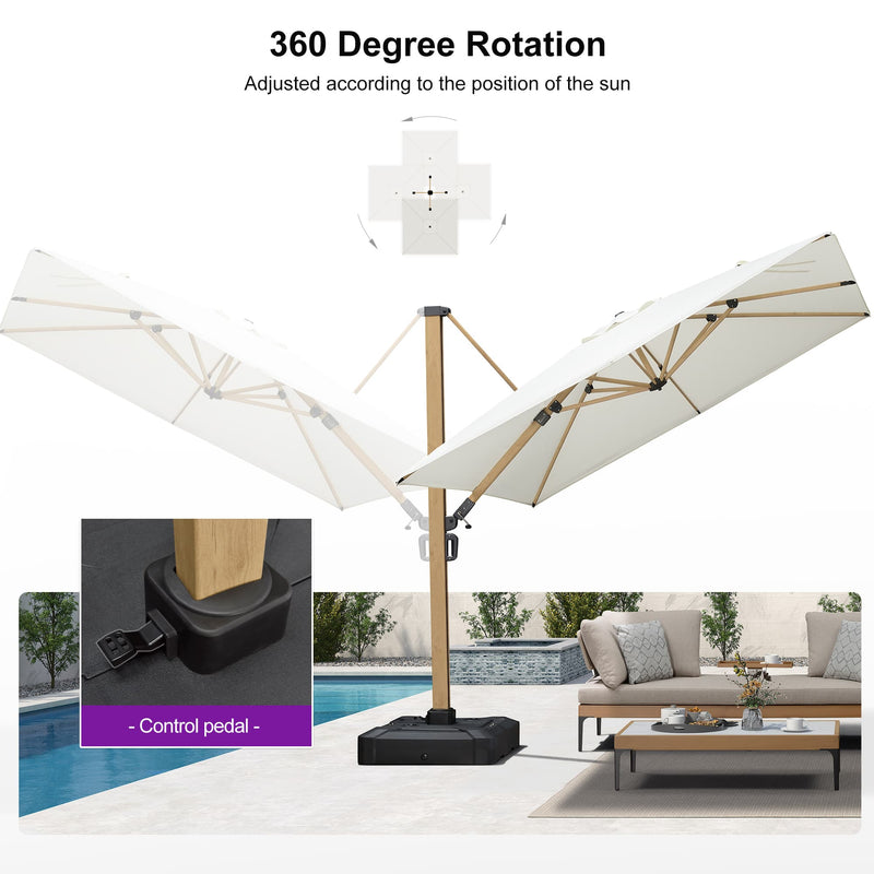 PURPLE LEAF Wood Grain Patio Umbrella with Base, Large Cantilever Umbrella for Garden