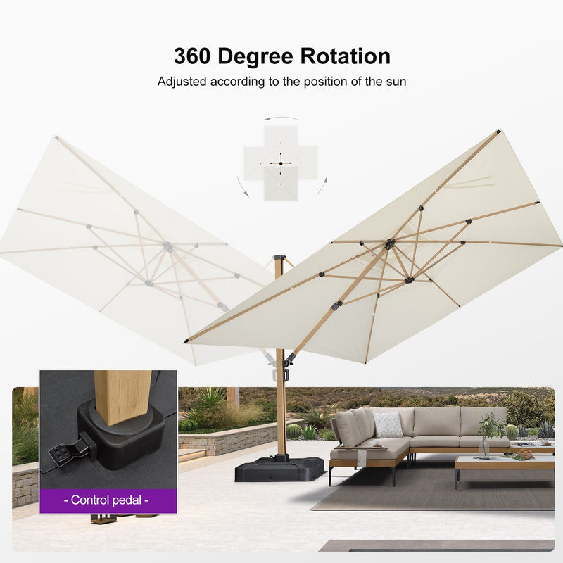 PURPLE LEAF Wood Grain Patio Umbrella with Base, Large Cantilever Umbrella for Garden