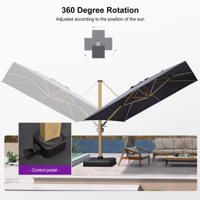 PURPLE LEAF Wood Grain Patio Umbrella with Base, Large Cantilever Umbrella for Garden