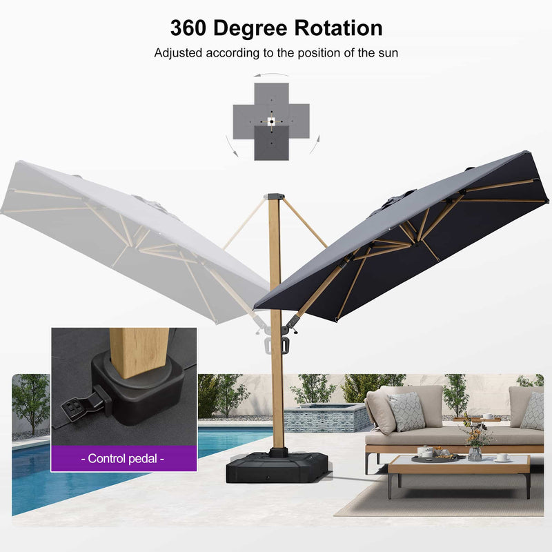 PURPLE LEAF Wood Grain Patio Umbrella with Base, Large Cantilever Umbrella for Garden