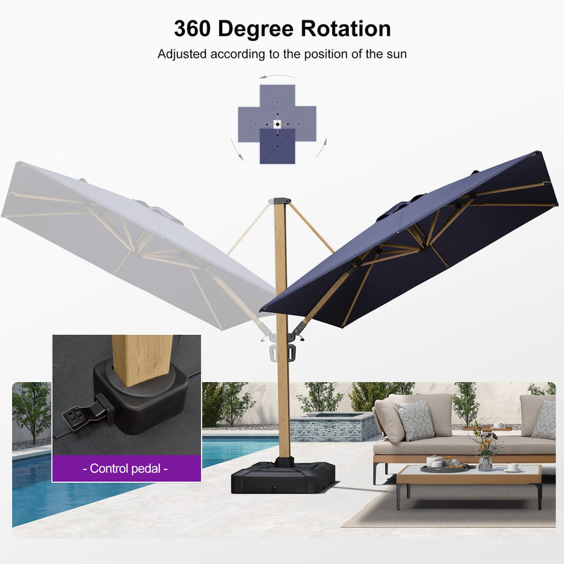PURPLE LEAF Wood Grain Patio Umbrella with Base, Large Cantilever Umbrella for Garden