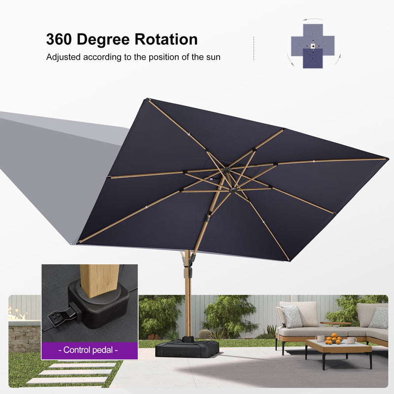 PURPLE LEAF Wood Grain Patio Umbrella with Base, Large Cantilever Umbrella for Garden