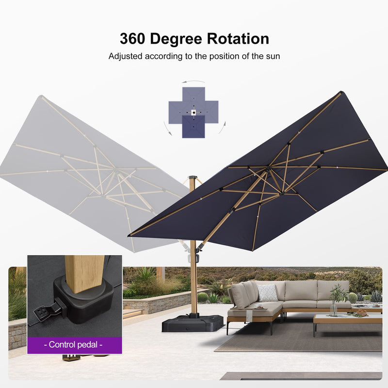 PURPLE LEAF Wood Grain Patio Umbrella with Base, Large Cantilever Umbrella for Garden