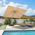 Wood grain cantilever patio umbrella shades patio furniture near a pool. Durable, UV-resistant fabric.