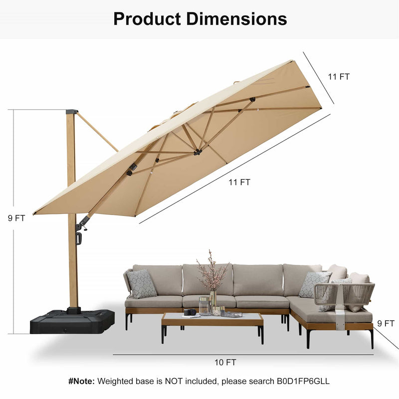PURPLE LEAF Wood Grain Patio Umbrella with Base, Large Cantilever Umbrella for Garden