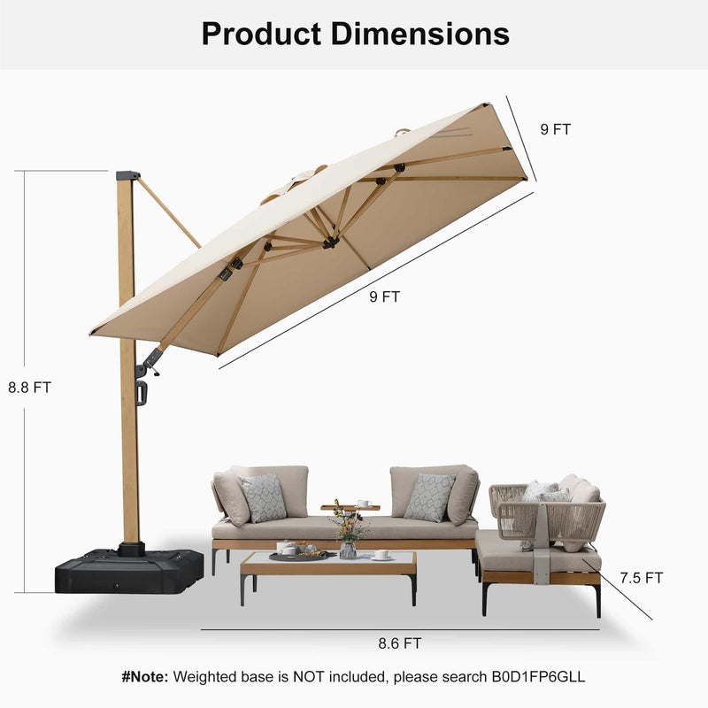 PURPLE LEAF Wood Grain Patio Umbrella with Base, Large Cantilever Umbrella for Garden
