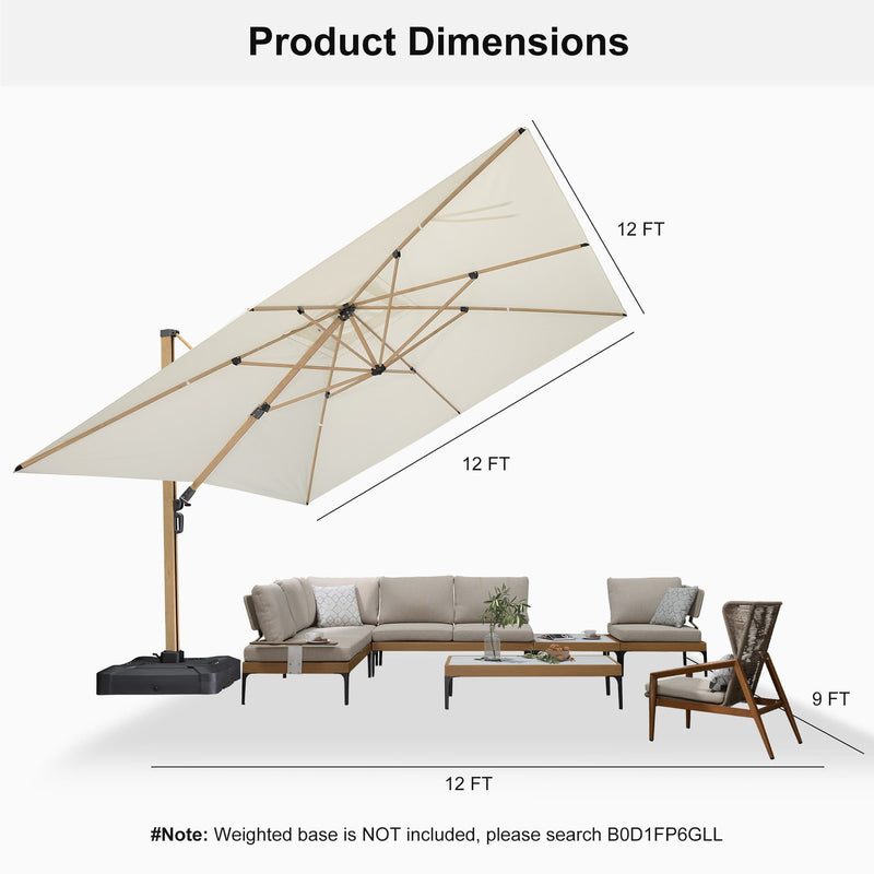 PURPLE LEAF Wood Grain Patio Umbrella with Base, Large Cantilever Umbrella for Garden