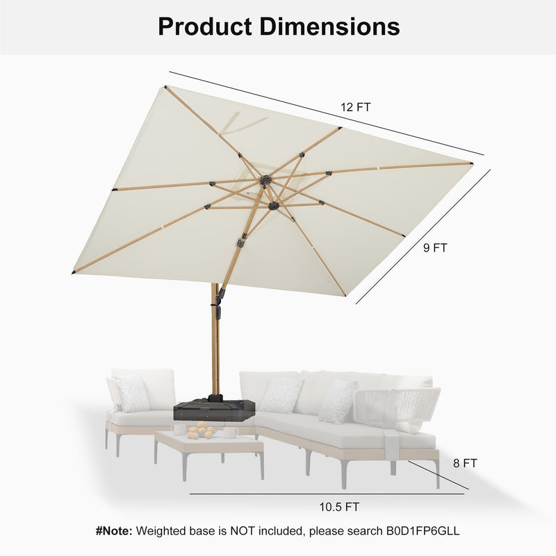 PURPLE LEAF Wood Grain Patio Umbrella with Base, Large Cantilever Umbrella for Garden