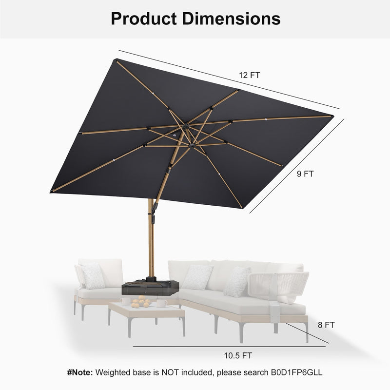 PURPLE LEAF Wood Grain Patio Umbrella with Base, Large Cantilever Umbrella for Garden