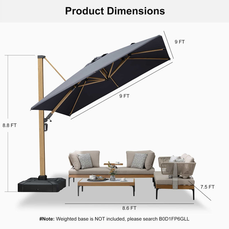PURPLE LEAF Wood Grain Patio Umbrella with Base, Large Cantilever Umbrella for Garden