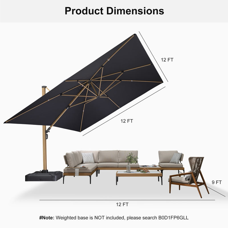 PURPLE LEAF Wood Grain Patio Umbrella with Base, Large Cantilever Umbrella for Garden