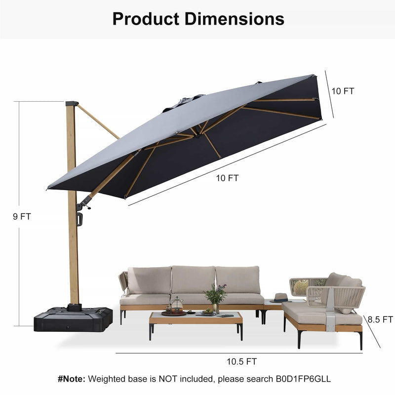 PURPLE LEAF Wood Grain Patio Umbrella with Base, Large Cantilever Umbrella for Garden