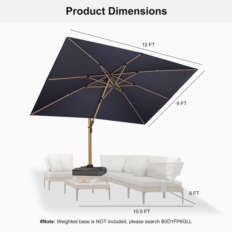 PURPLE LEAF Wood Grain Patio Umbrella with Base, Large Cantilever Umbrella for Garden