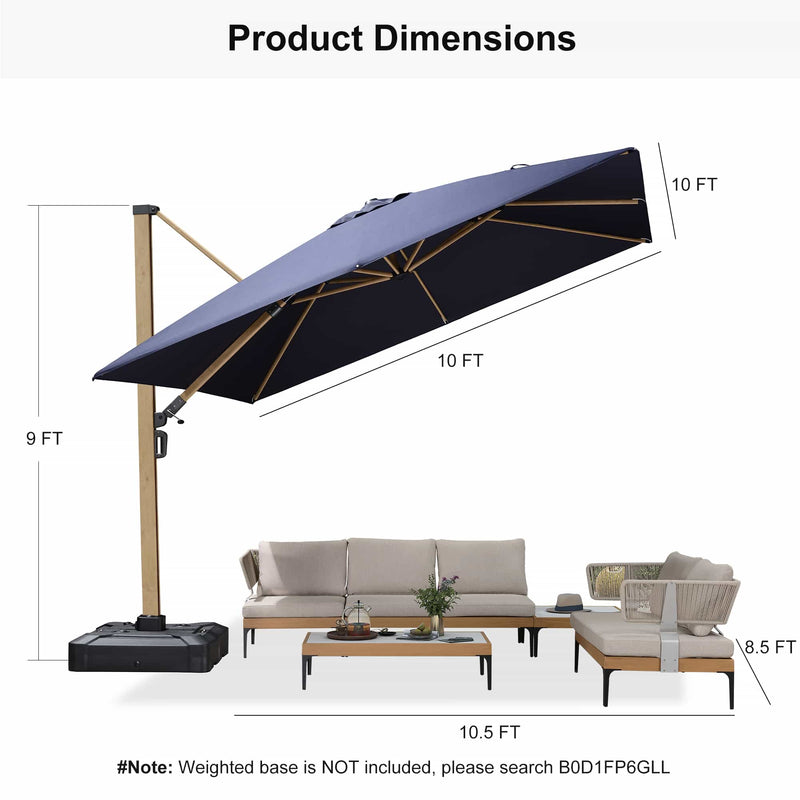 PURPLE LEAF Wood Grain Patio Umbrella with Base, Large Cantilever Umbrella for Garden