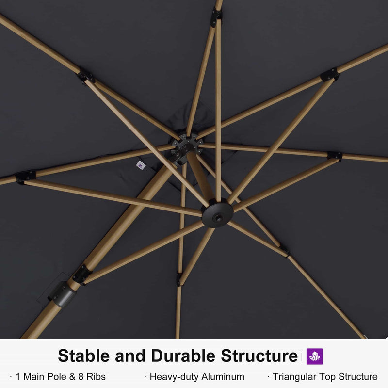PURPLE LEAF Wood Grain Patio Umbrella with Base, Large Cantilever Umbrella for Garden