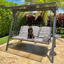 PURPLE LEAF Outdoor Porch Swing with Adjustable PVC Canopy, 3-seat Swing Chair Bench with Side Cup Holder, Cushions and Pillow Included