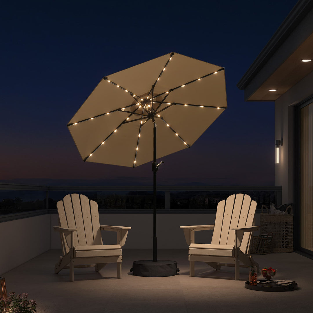 PURPLE LEAF Outdoor Tilt Market Umbrellas with Lights, Black Frame Table Umbrella Outside Patio with Base 7.5' Round / Beige