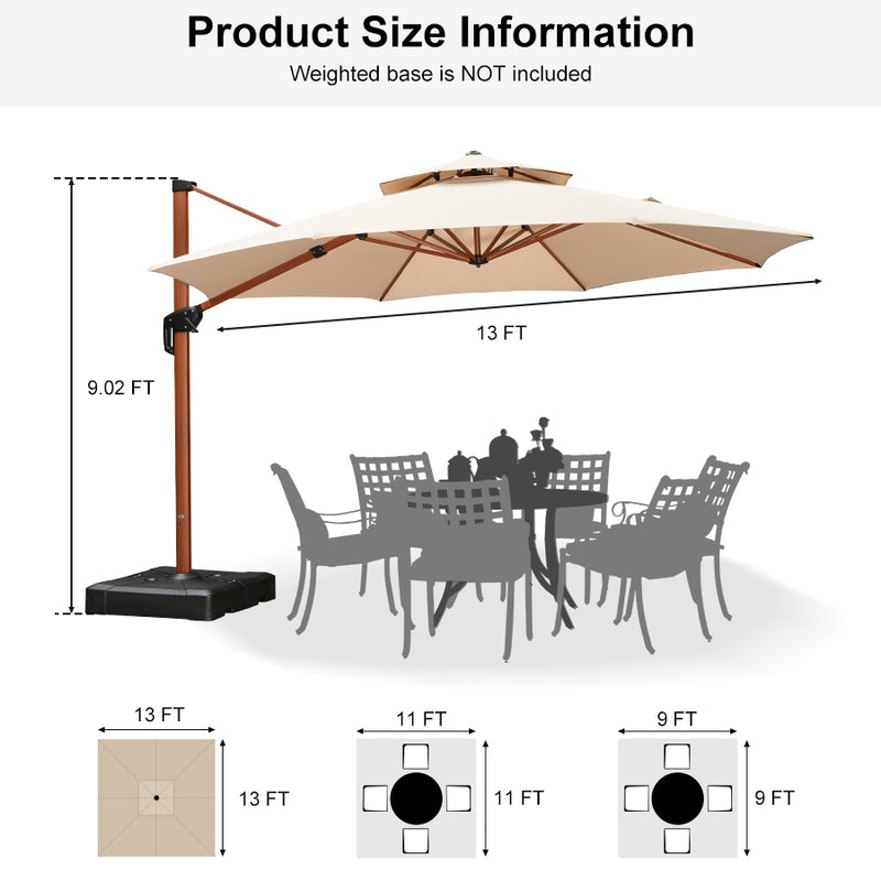 PURPLE LEAF Double Top 10 / 11 / 12 / 13 ft Round Aluminum Patio Umbrella in Wood Color