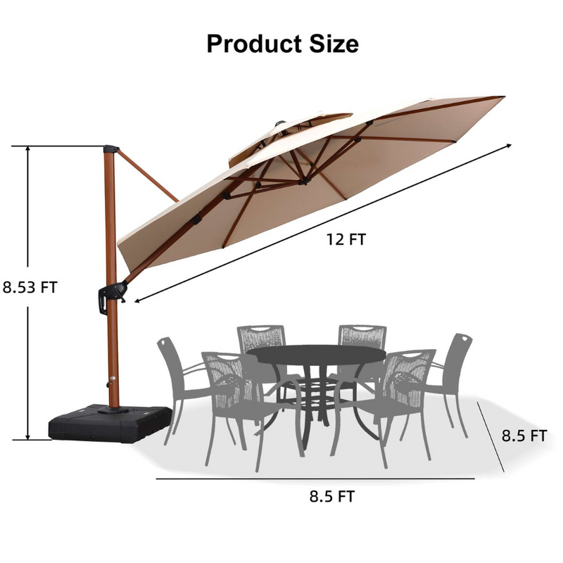 PURPLE LEAF Outdoor Garden Umbrella with Base, Cantilever Umbrellas in Wood Color