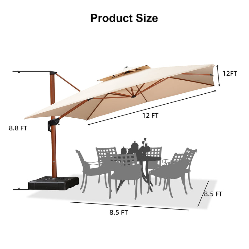 PURPLE LEAF Outdoor Garden Umbrella with Base, Cantilever Umbrellas in Wood Color