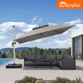 PURPLE LEAF 12'X12' Premium Patio Aluminum-framed SUNBRELLA Cantilever Cast Ash Classic Umbrellas paired with outdoor sofas grace the poolside, shielding from the scorching sun to create a lavish, comfortable lounge.