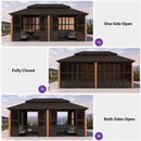 PURPLE LEAF Bronze Frame Sunroom Hardtop Gazebo Solarium Wood Grain Columns Galvanized Steel Double Roof All-Weather Screen House with Lights