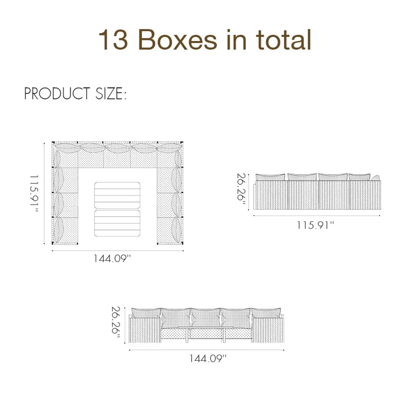 PURPLE LEAF Sanori U-shaped Patio Conversation Set with Grey Ottoman and Cushions for Poolside Graden