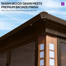 PURPLE LEAF Bronze Frame Sunroom Hardtop Gazebo Solarium Wood Grain Columns Galvanized Steel Double Roof All-Weather Screen House with Lights