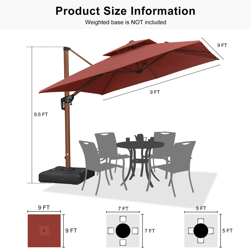 PURPLE LEAF Double Top 9 / 10 / 11 / 12 ft Square Aluminum Sun Umbrellas in Wood Color