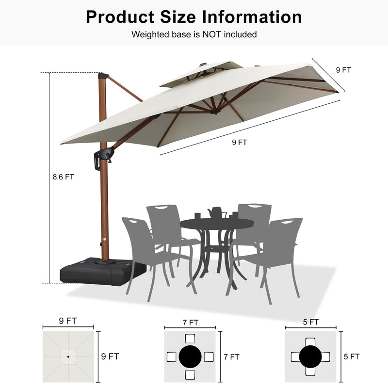 PURPLE LEAF Double Top 9 / 10 / 11 / 12 ft Square Aluminum Sun Umbrellas in Wood Color