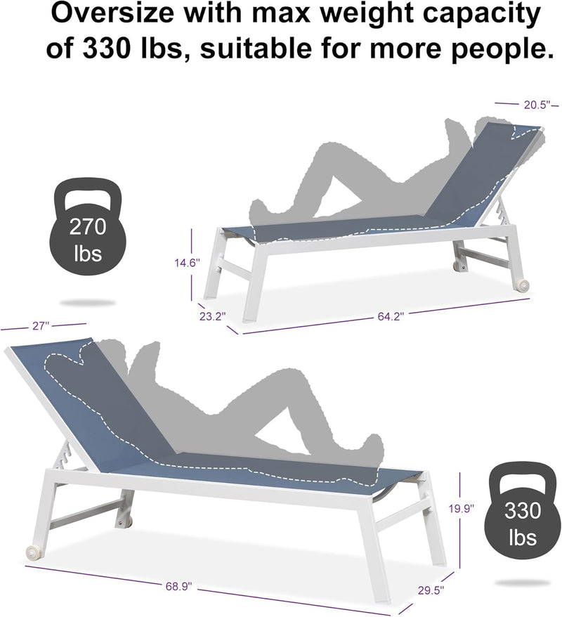 PURPLE LEAF Outdoor Chaise Lounge Chairs Set of 2 White Aluminum Lounge Chair Five-Position Adjustable Chaise with Wheels and Table for Pool Deck Patio