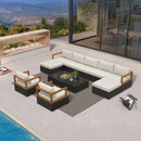 PURPLE LEAF Griffin black patio set with cream cushions, ottoman, and coffee table. Poolside view.