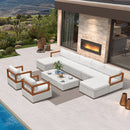 White PURPLE LEAF Griffin sectional patio set with wooden frame, white cushions, ottoman, and coffee table by pool.