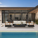 PURPLE LEAF Griffin black aluminum patio conversation set with cream cushions and ottoman by a pool.