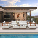 PURPLE LEAF Griffin white patio conversation set with aluminum frame, woven seats, and cushions by the pool.