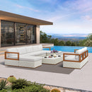 Purple Leaf white patio conversation set with ottoman and aluminum frame by pool.
