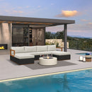 PURPLE LEAF U-shaped patio set: black frame, grey cushions, ottoman, fire pit. Near pool.