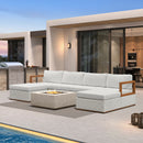PURPLE LEAF Griffin white U-shaped sectional sofa with woven ottoman base and fire pit.