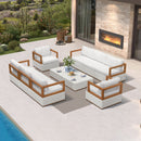 White PURPLE LEAF Griffin patio set with wood frame, white cushions, ottoman, and coffee table by pool.