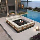 PURPLE LEAF Griffin U-shaped patio conversation set in black with light grey cushions and a black coffee table by a pool.