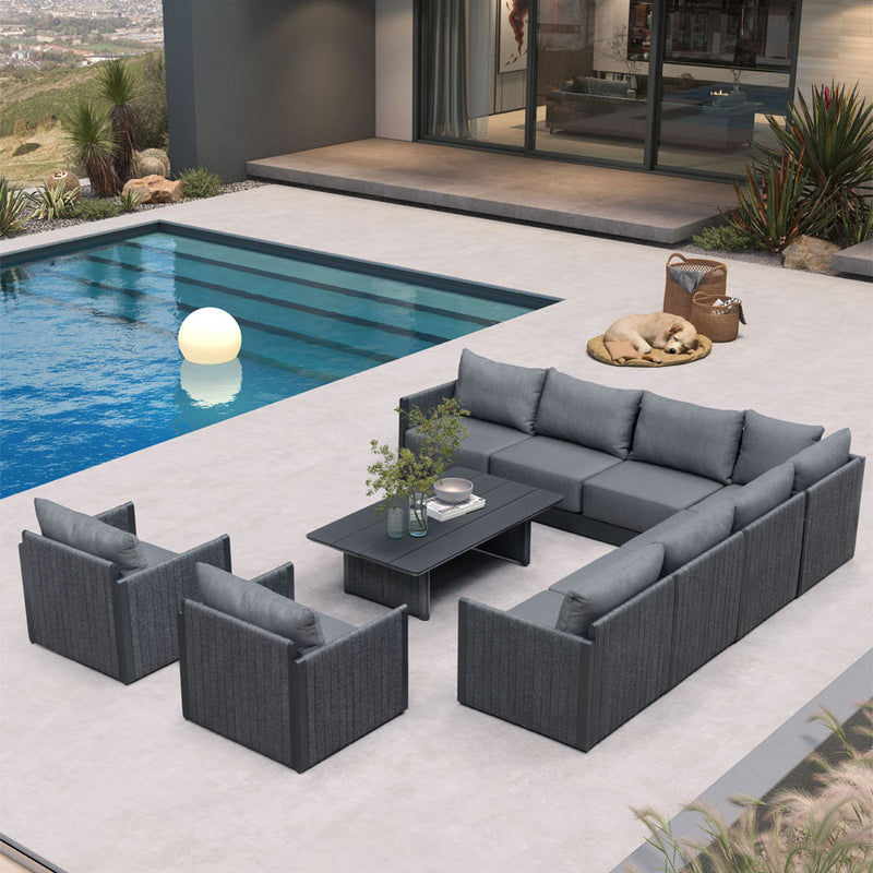 PURPLE LEAF Sanori L-shaped Patio Conversation Set with Grey Ottoman and Cushions for Poolside Graden