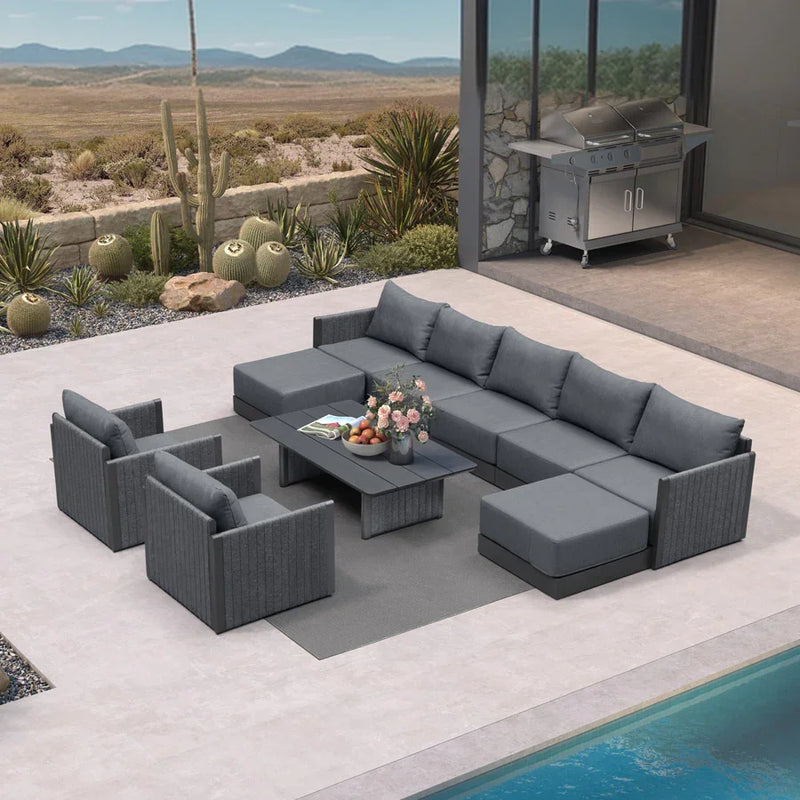 PURPLE LEAF Sanori Symmetrical Patio Conversation Set with Grey Ottoman and Cushions for Poolside Graden