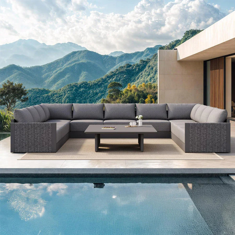 PURPLE LEAF Sanori U-shaped Patio Conversation Set with Grey Ottoman and Cushions for Poolside Graden
